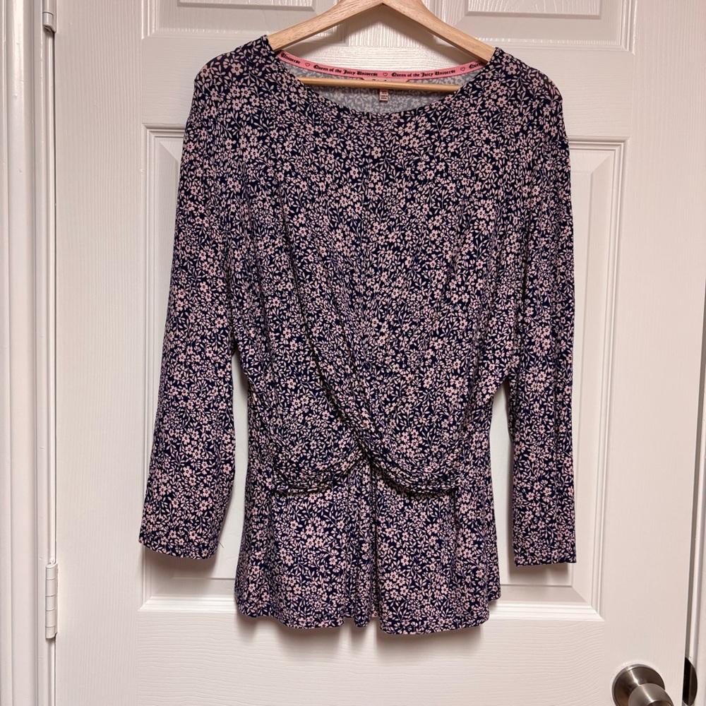 Juicy Couture Blue Pink Floral Front Crossover 3/4 Sleeve Blouse Top Size XL